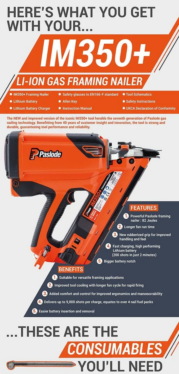 Paslode IM350+ framing nailer NEW MODEL (battery & charger set)