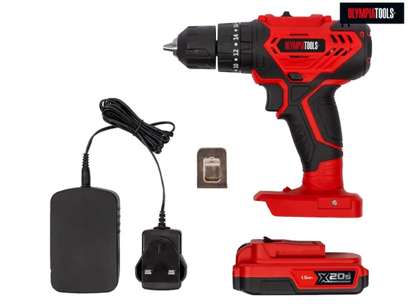 Olympia Tools® 20V Cordless Drill Driver Set (1 x 1.5Ah Li-ion + 1 x Charger + 1 x Belt Clip)